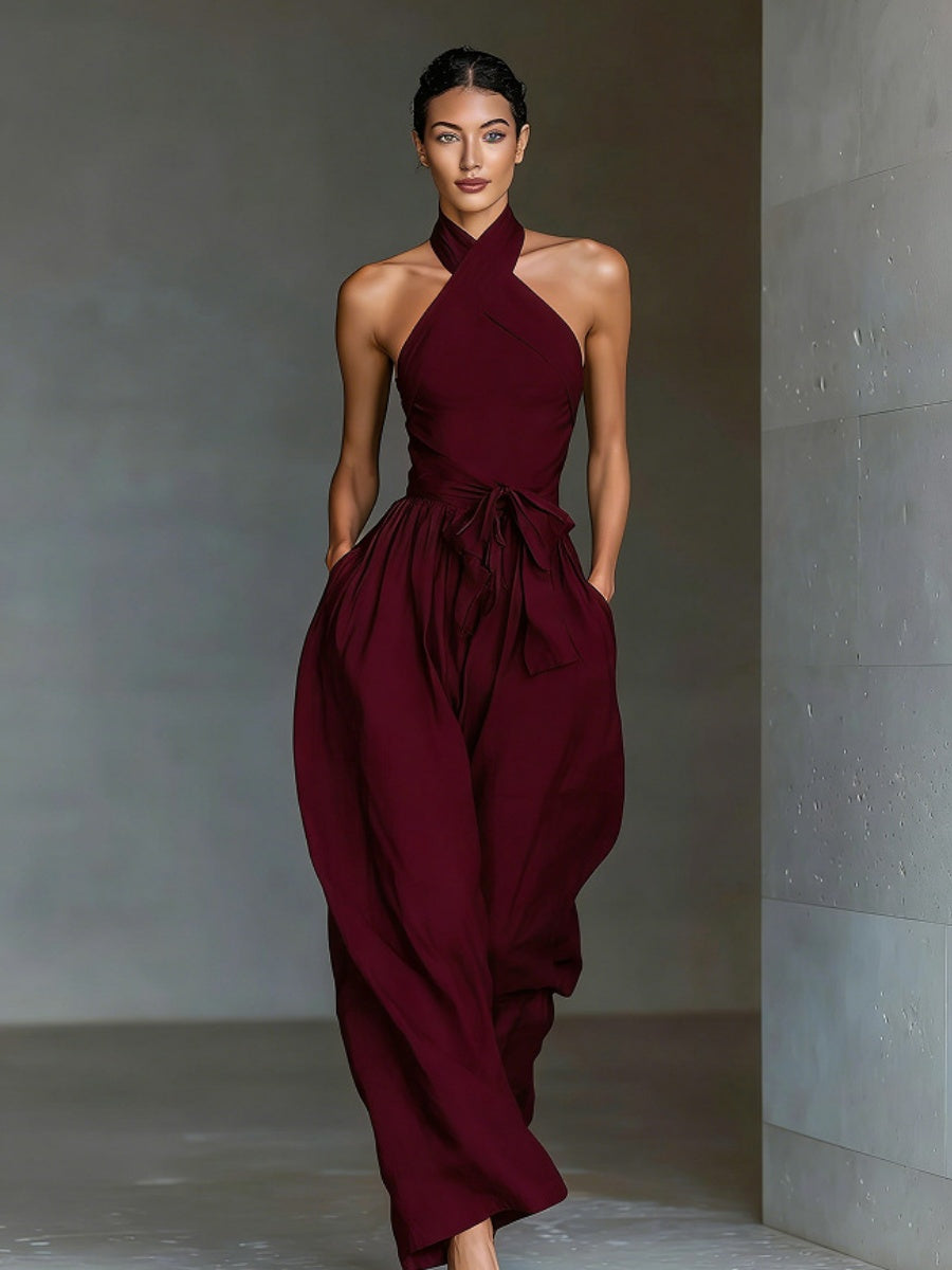 Lace-up Linen Cross-strap Wide-leg Jumpsuit
