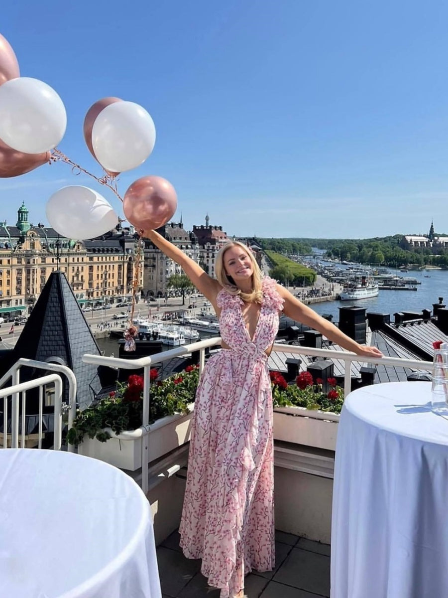 Floral Deep-V Maxi Dress – Shoulder Flower Accent