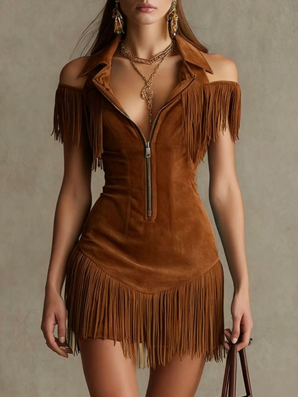 Tassel Suede Off-shoulder Zipper Mini&Short Dresses
