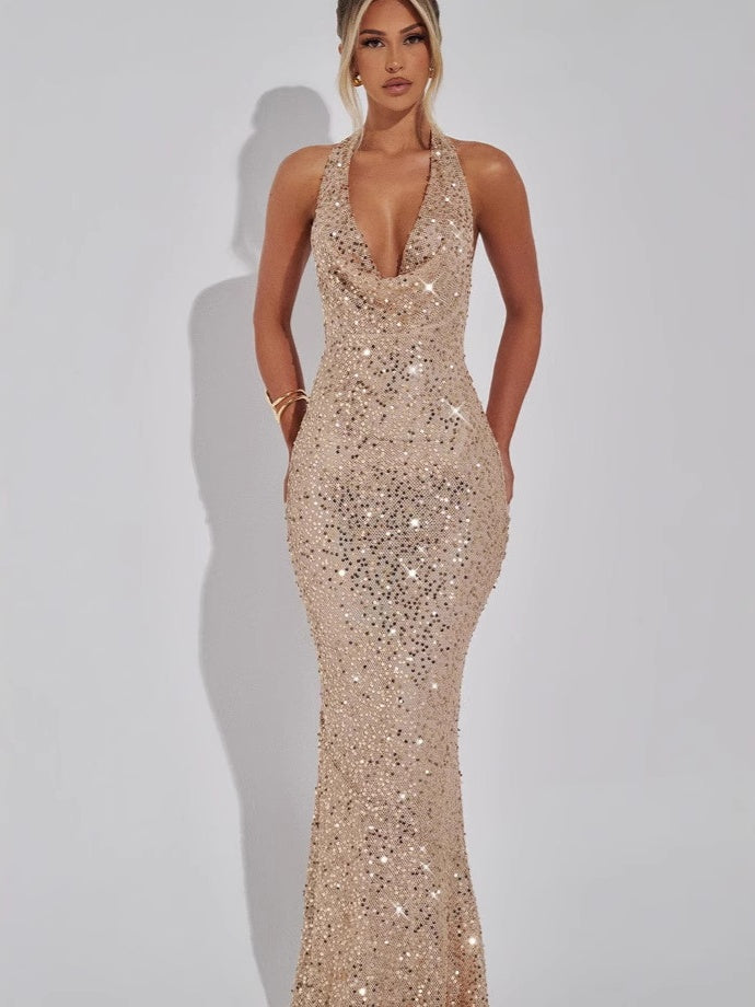 Sequined Deep V Halter Neck Bodycon Dress With Slightly Revealing Back