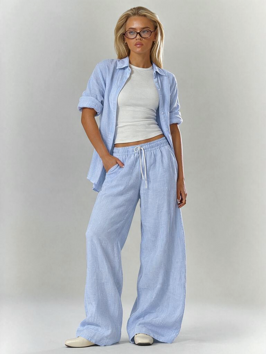Solid Color Shirt And Trousers Set, Long-sleeved Shirt And Loose Trousers, Two-piece Set