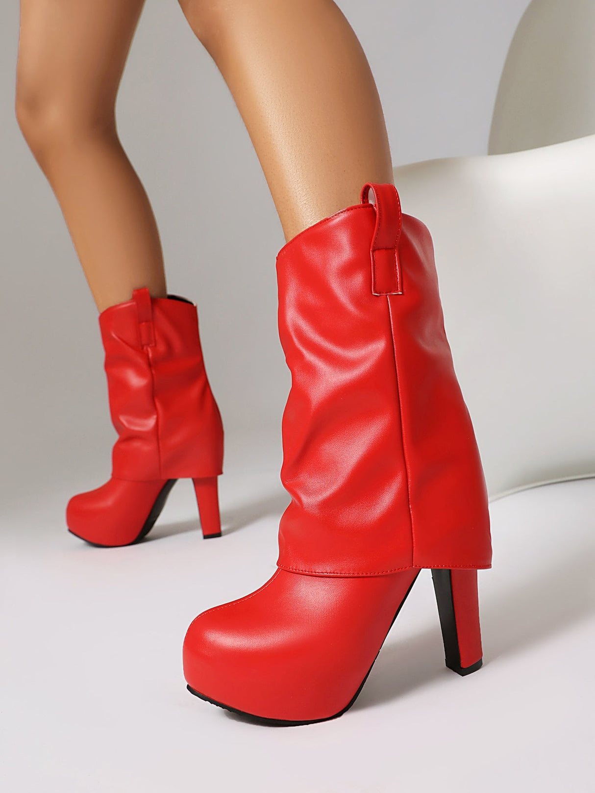 Patchwork Pleated High-heeled Mid-calf Women's Boots