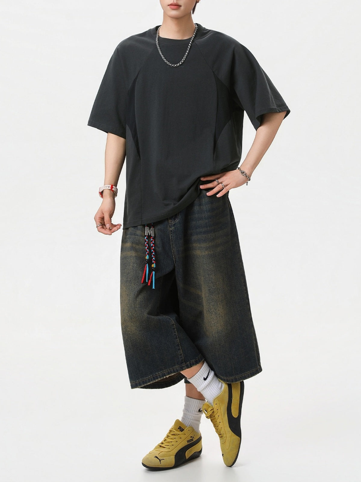 Color-blocked Mesh Patchwork Letter Print T-shirts
