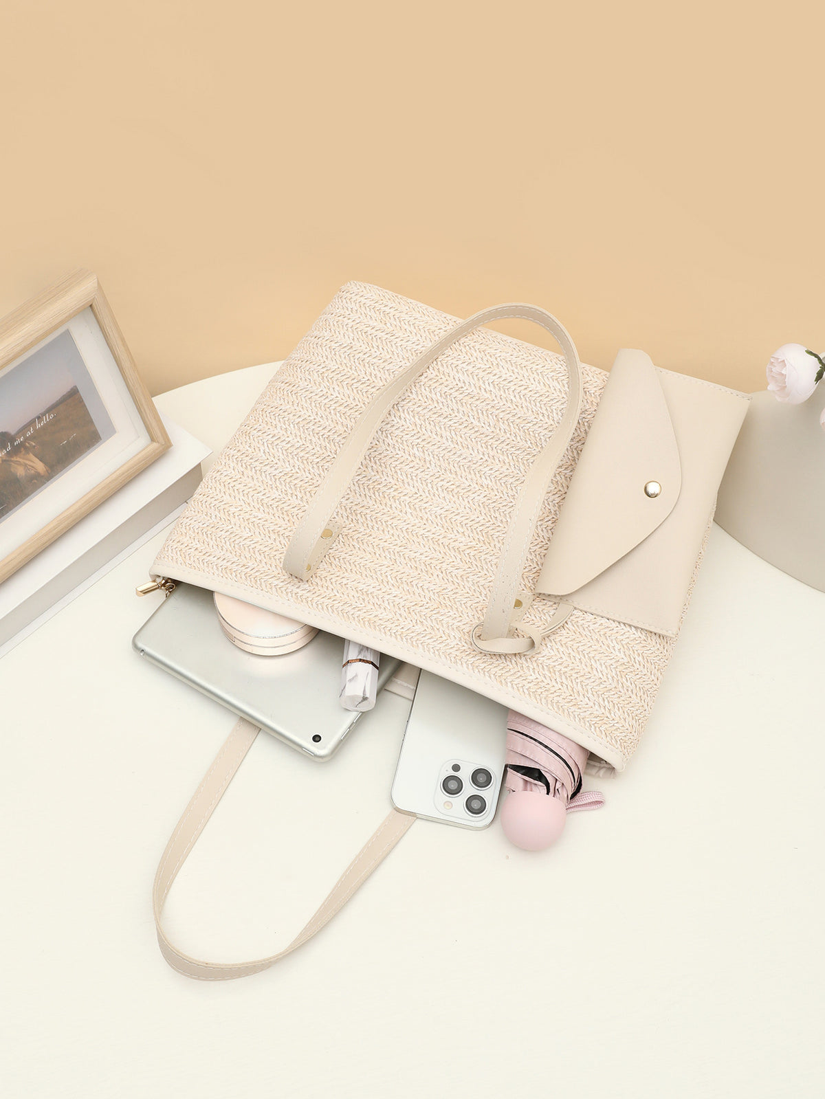 Solid Color Straw Woven Vacation Tote Bag