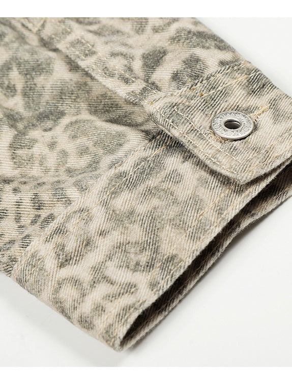 Retro Leopard Short And Wide Silhouette Lapel Denim Jacket