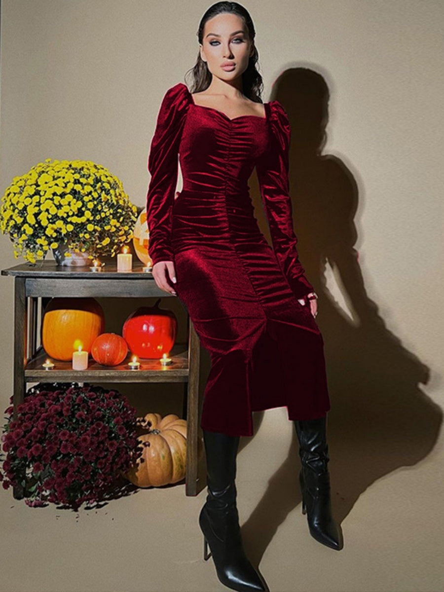 Tight-fitting Gold Velvet Pleated Long Dress