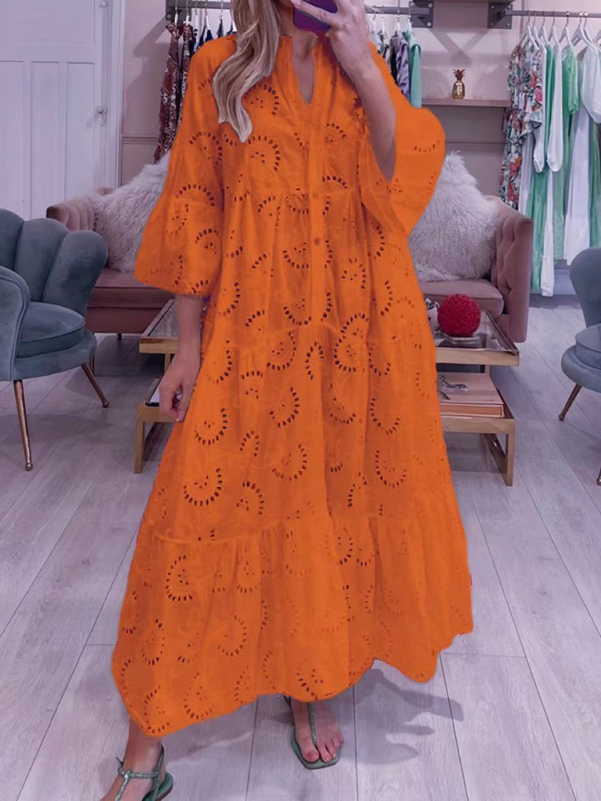 Lace Cutout V-neck Buttons Flare Sleeve Maxi Dresses
