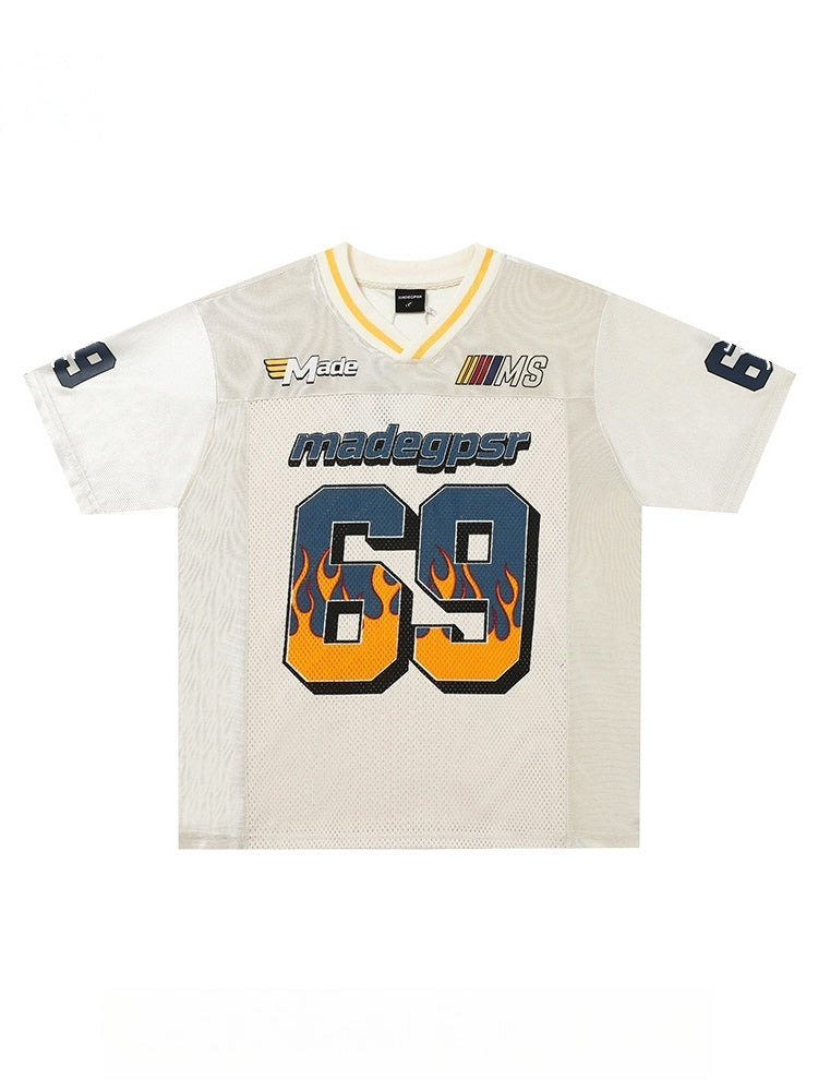 Patchwork Mesh 69 Flame College Style T-shirt