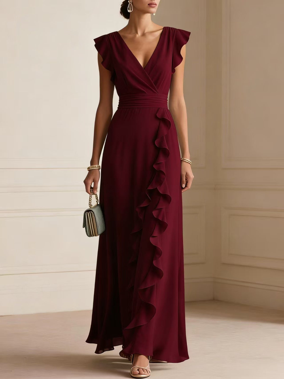 Solid Color Pleated Short Sleeve V-neck Chiffon Long Dress