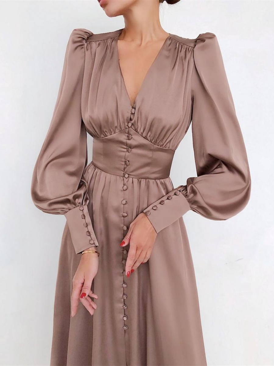 V-neck Satin Waist Retro Maxi Dresses