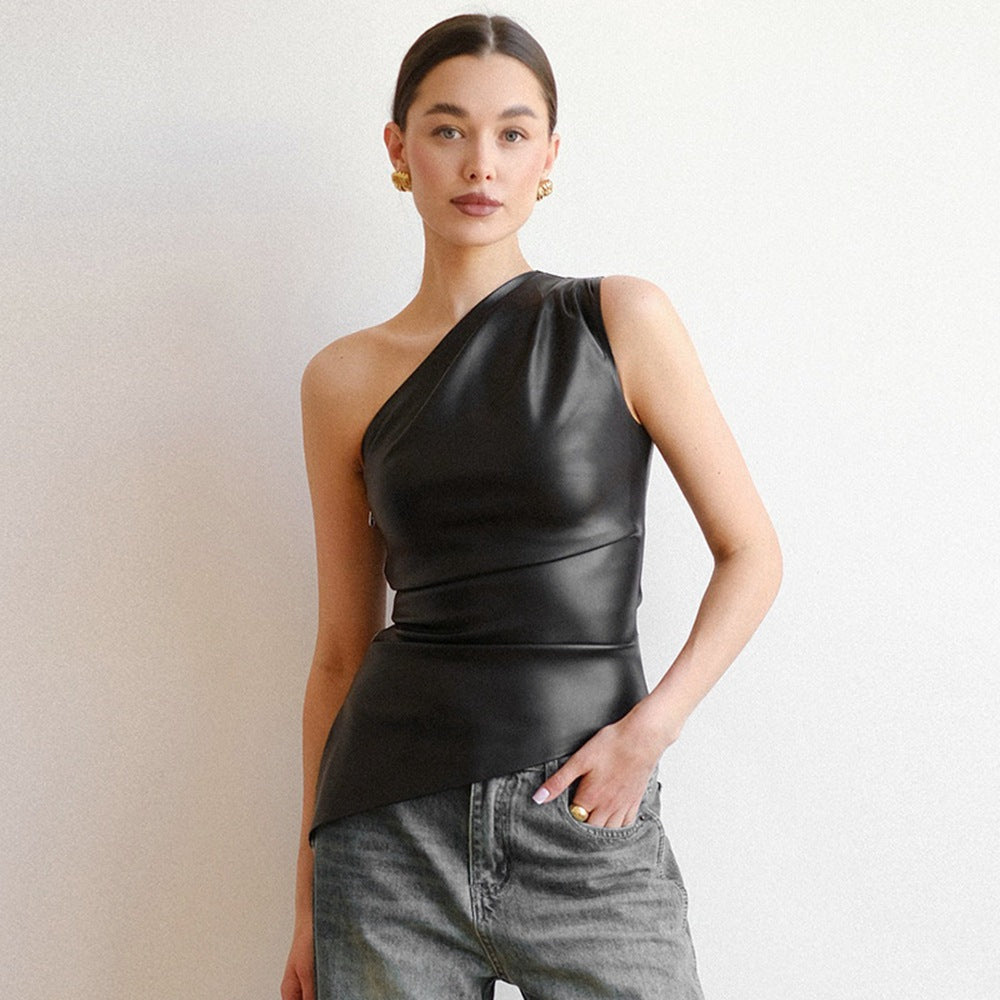 New Solid Color Slim Fit Asymmetrical Neck Zipper Top