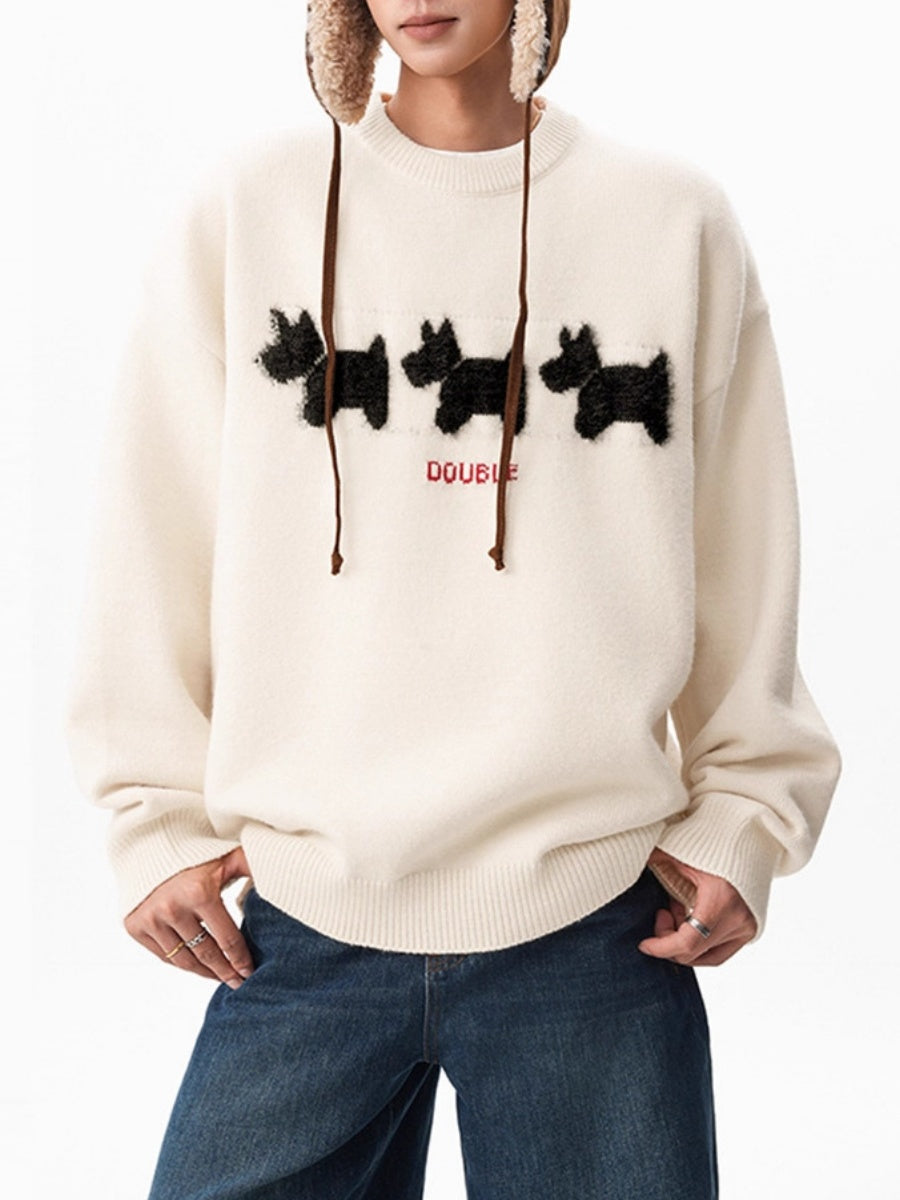 Flocked Puppy-Print Preppy Oversized Sweater