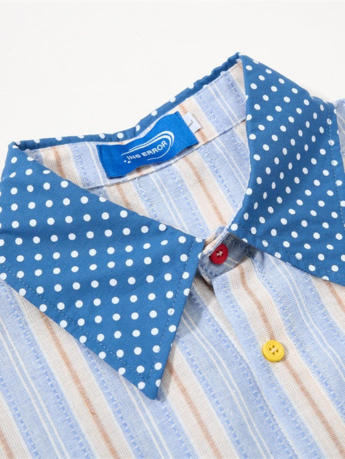 Cartoon Embroidery Vertical Stripe Hip Hop Loose-fit Color-blocked Shirts