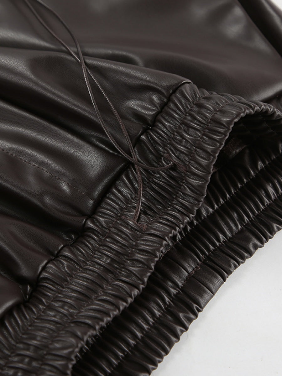 Wide Leg Straight-leg pants with lace-up Pu leather trousers