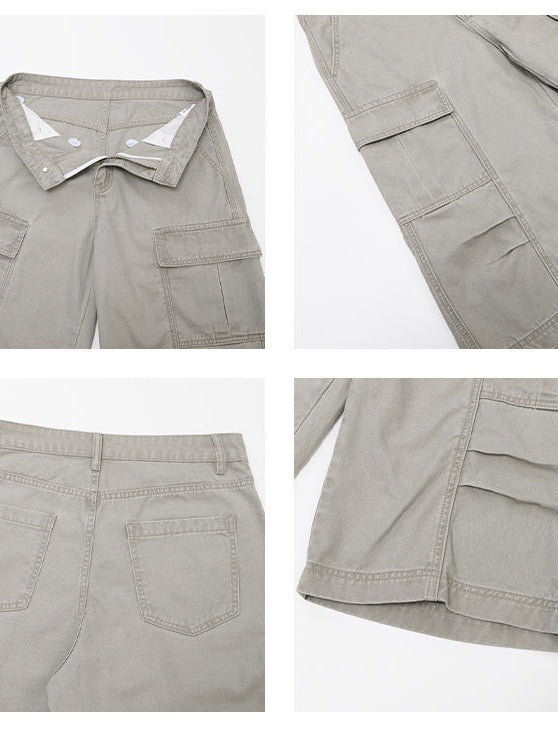 Washed Pleated Multiple Pockets Tooling Baggy 7 Points Shorts