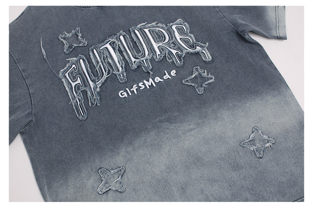 Washed Patches Stereo Embroidery Denim T-shirt