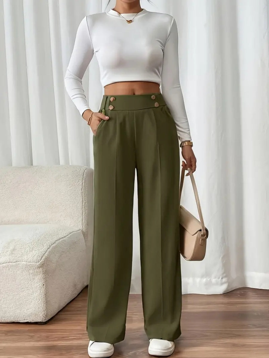 Casual High-waisted Loose Straight leg Pocket Pants