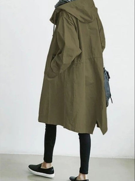 Oversized Hooded Single-Breasted Mid-Length Trench Coat