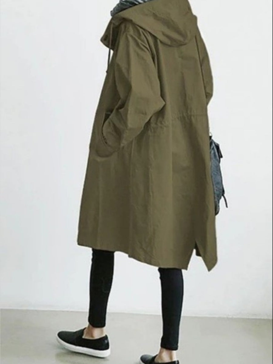 Oversized Hooded Single-Breasted Mid-Length Trench Coat