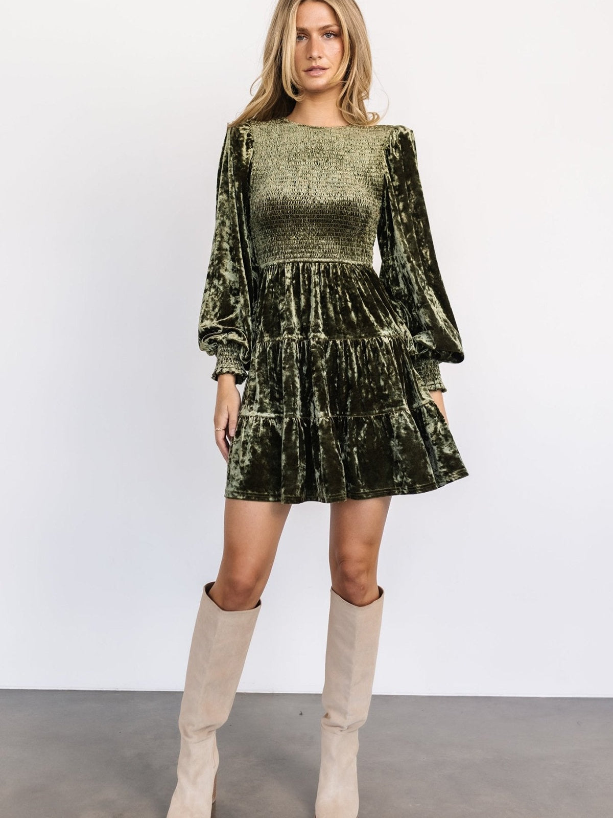 Ruffle Gathering Long Sleeve Velvet Mini&Short Dresses