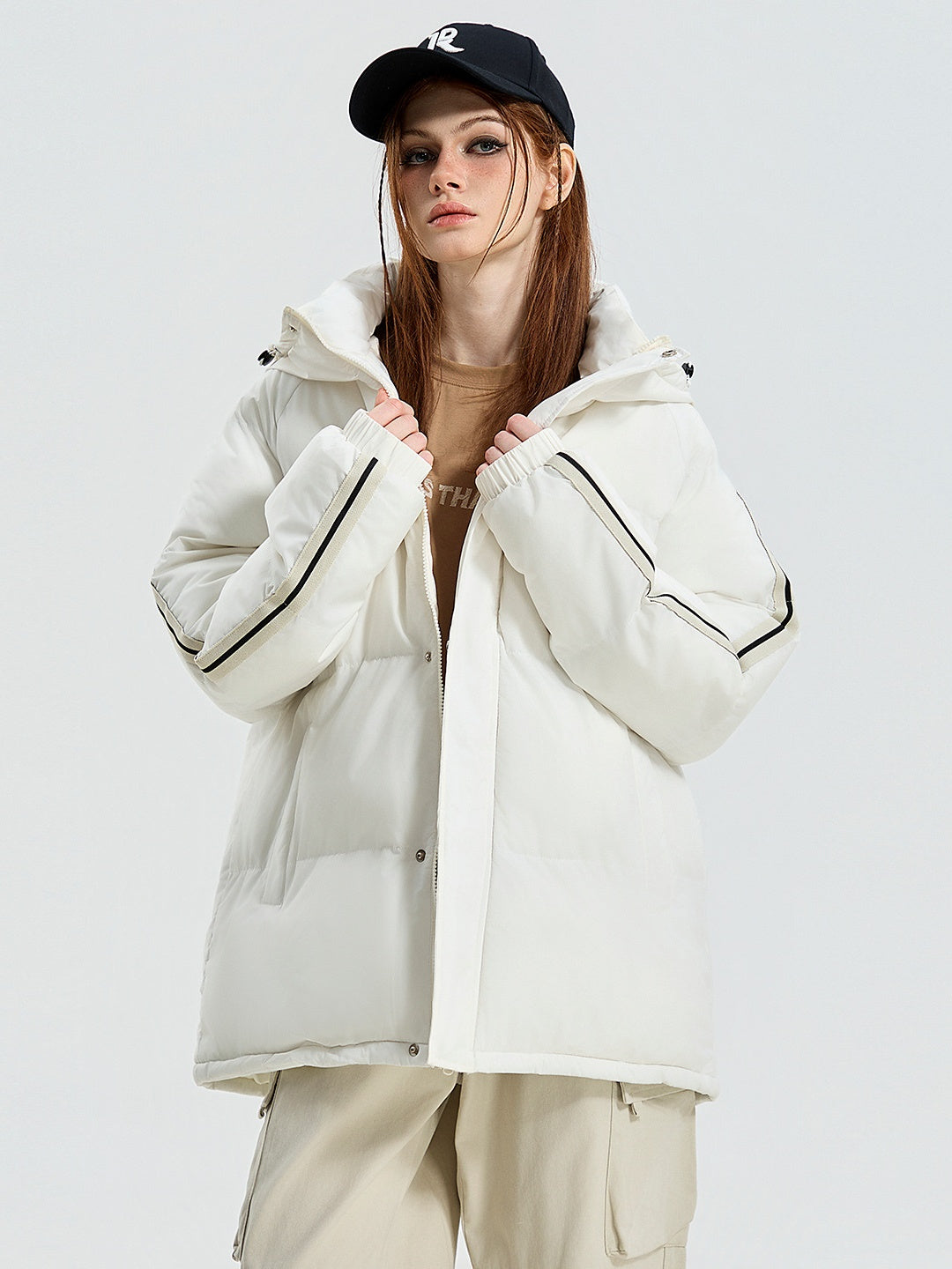 Stand-Collar Webbing-Trim Loose Thermal Puffer Jacket