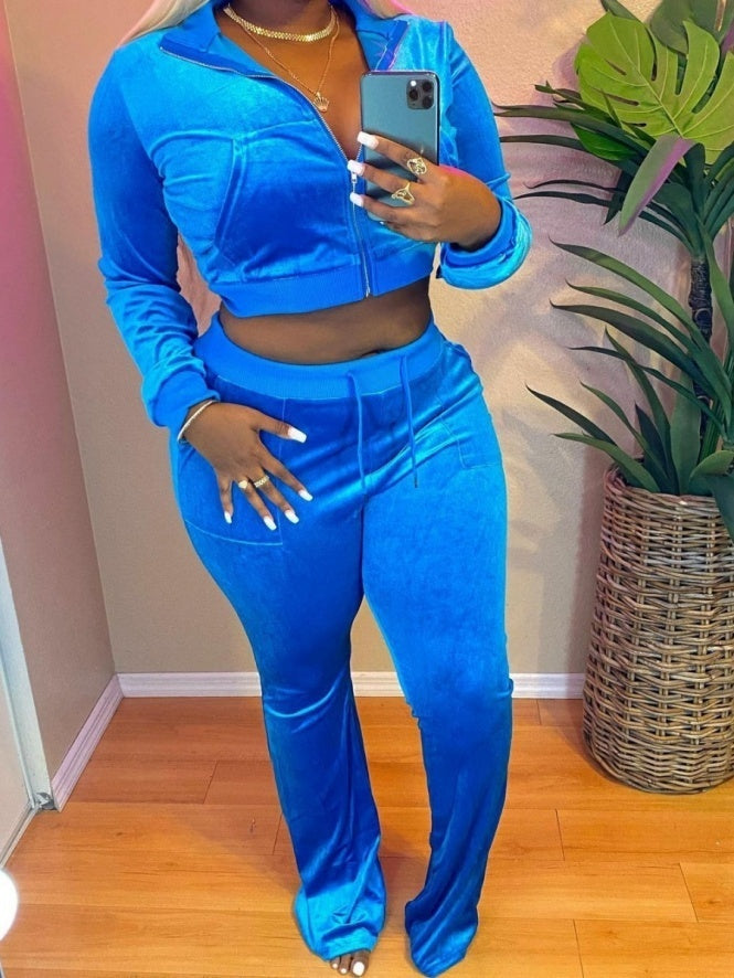 Velvet Splicing Sexy Long-sleeved Casual Navel-baring Top 2-piece Sets