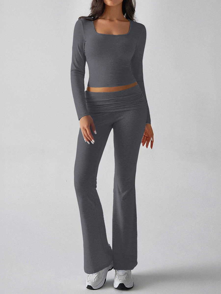 Leisure Navel Solid Color Long-sleeved Two-piece Suit