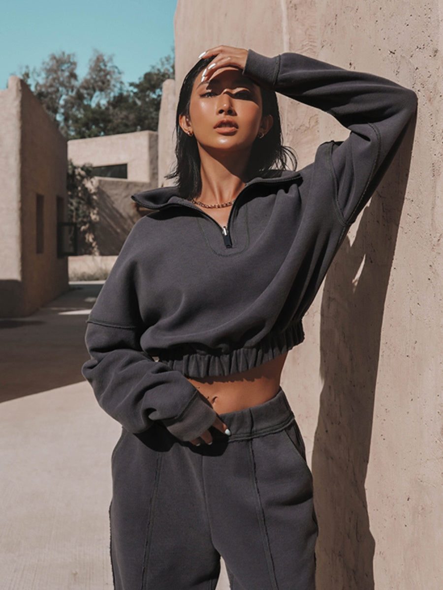 Liber Autumn women's solid color zipper pullover Long sleeve two piece sweatshirt