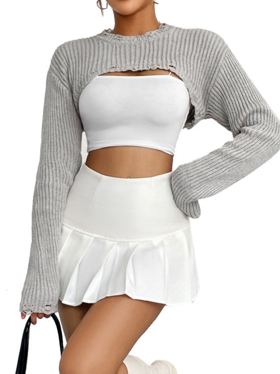 Liber Autumn women's knitted ripped short pullover mesh see-through top