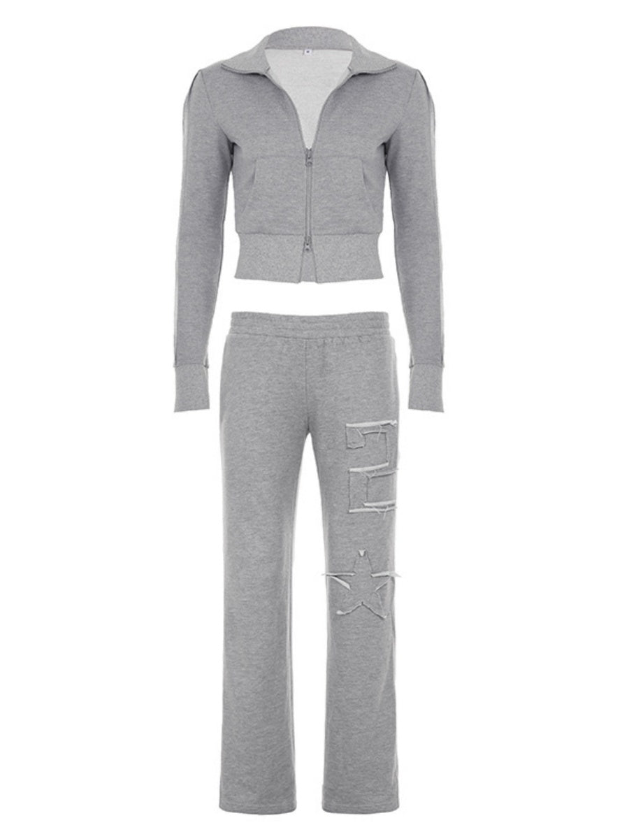 Grey Leisure Long Sleeve Crew Neck Patchwork Fabric Letter Sports 2-piece Sets