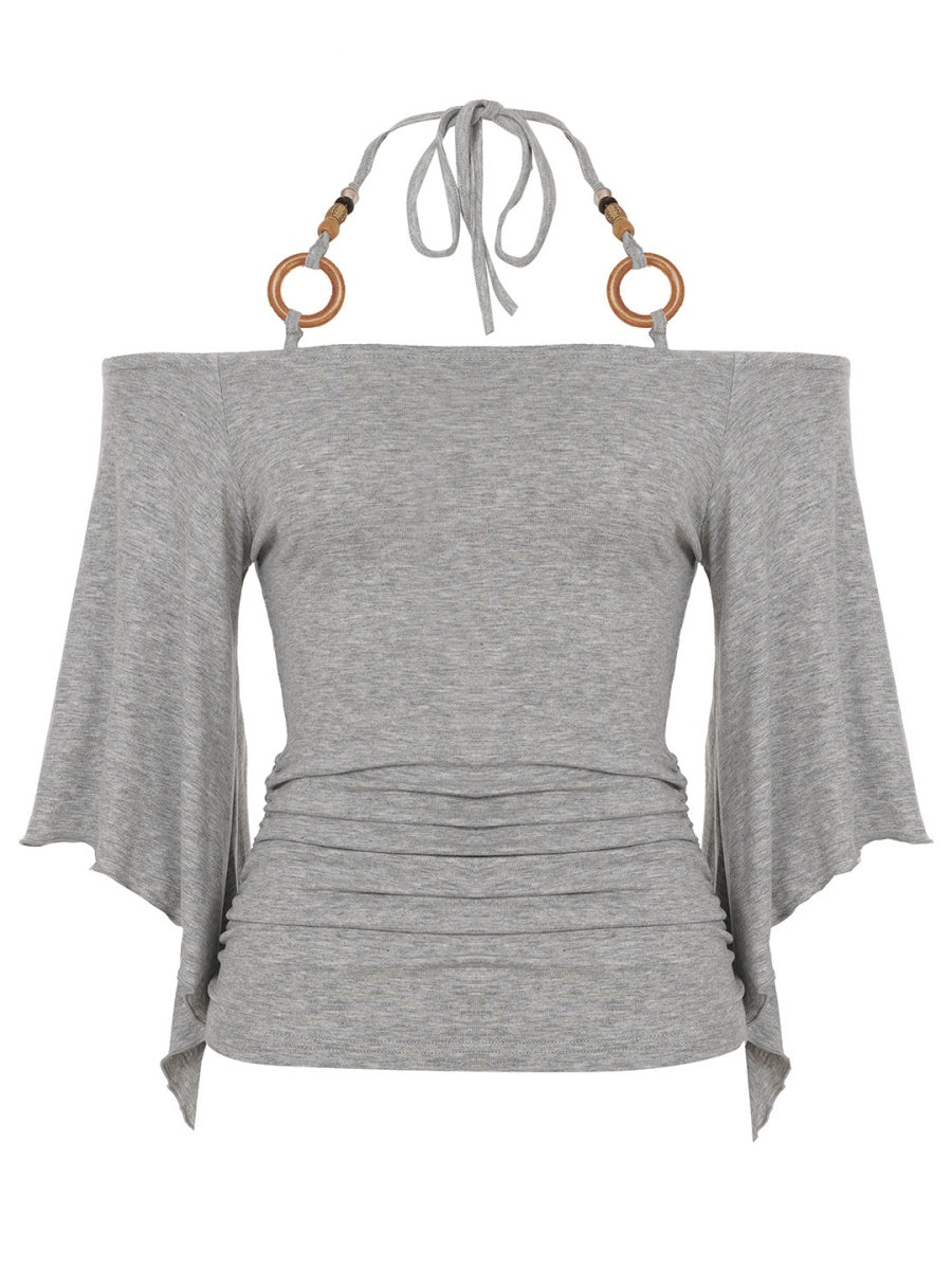 Off-the-shoulder Bell sleeves Cinched waist Halter neck top T-shirts