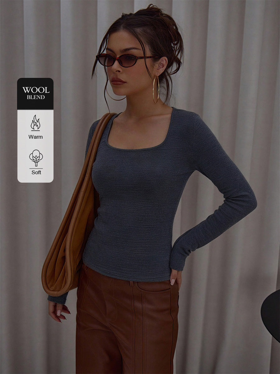 Square-Neck Knit Top with Thumbholes