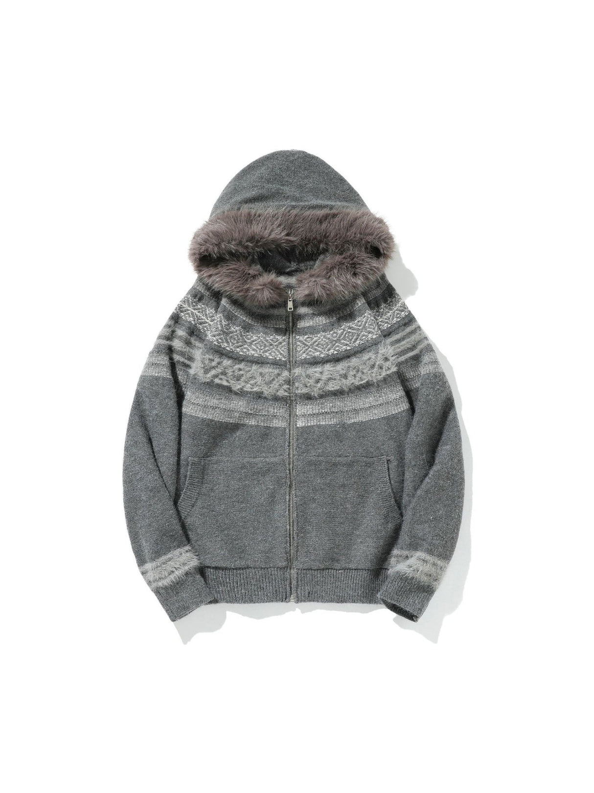 Fair Isle Pattern Fur Collar Hooded Splicing Cardigans