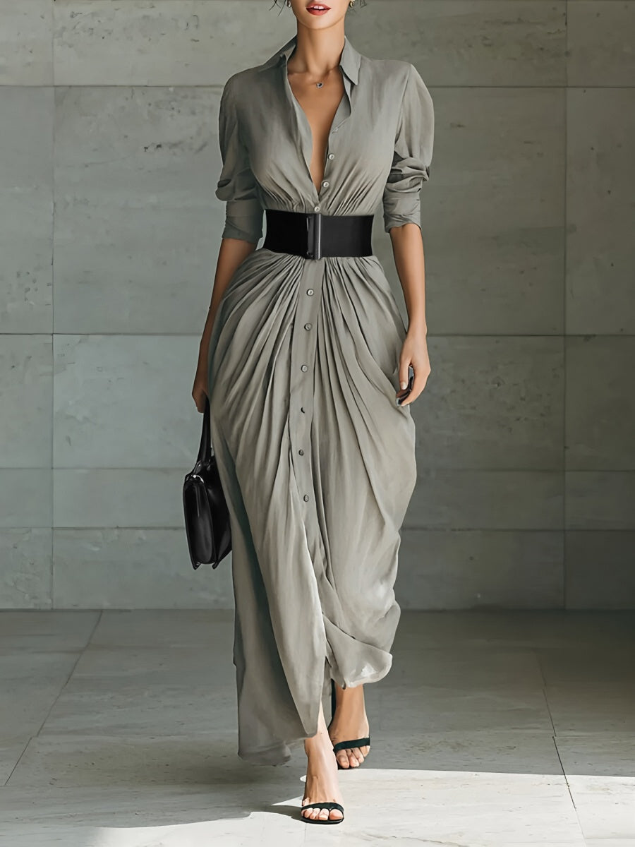 Simple Shirt Dress Pleated Shirt Collar Belted Maxi Dress