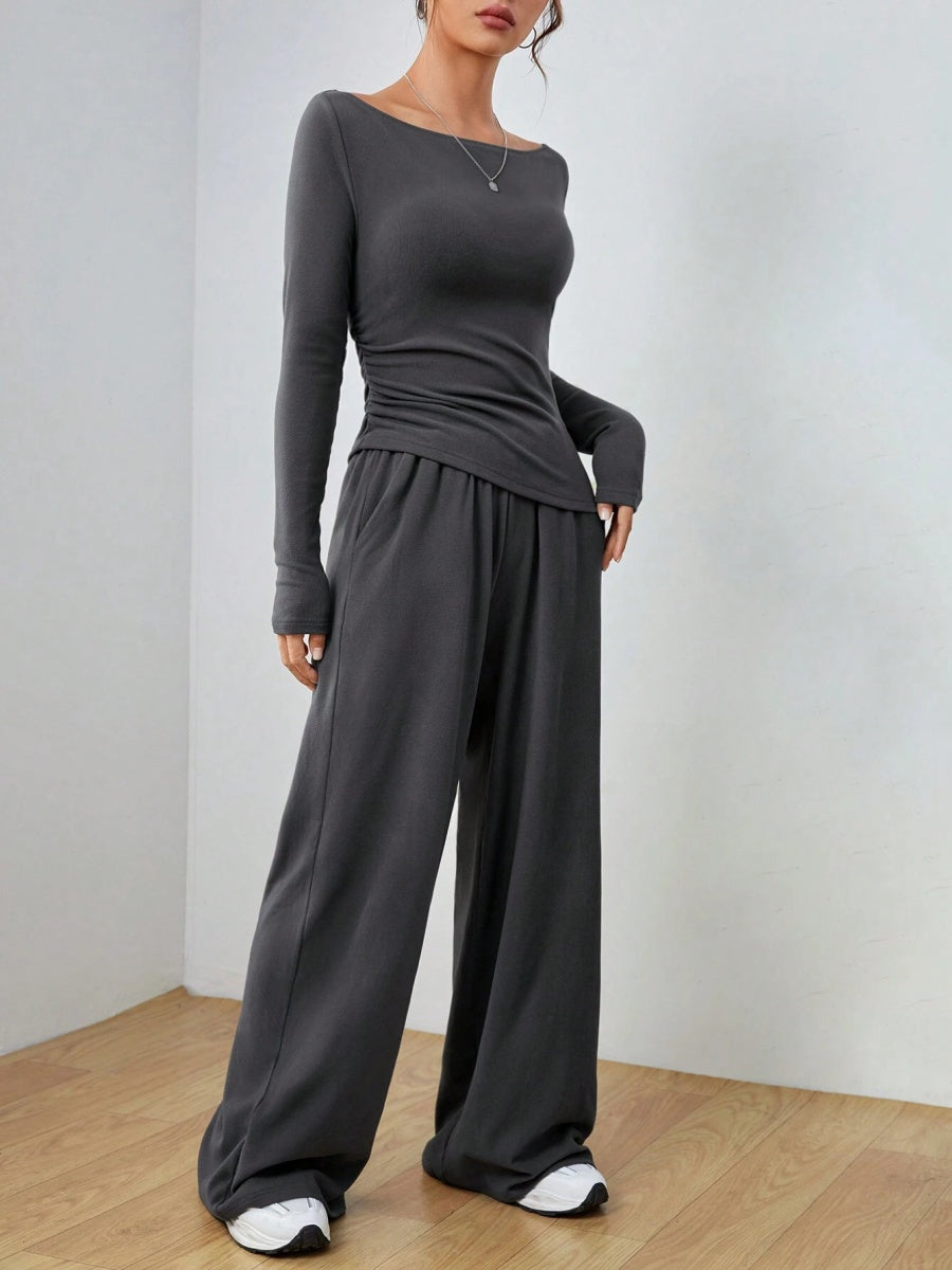 Pocket Solid Color Large Round Neck Long Sleeve Pants 2-piece Sets
