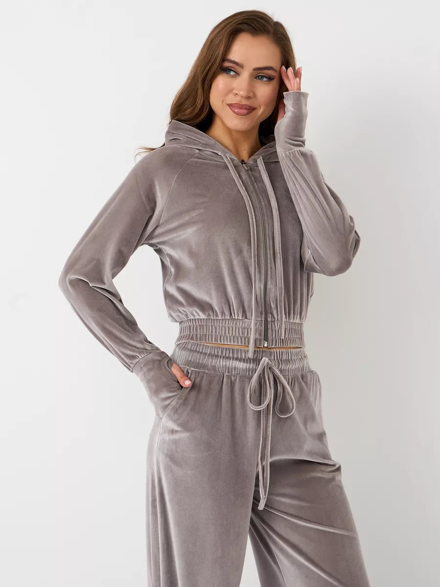 Velvet Zipper Cardigan, Silver Fox Fleece Sweatshirt, Lace-Up Pants 2-piece Sets