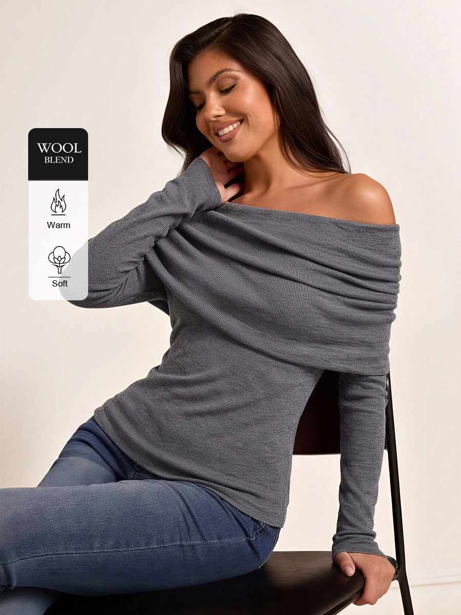 Draped Off-Shoulder Ribbed Sweater