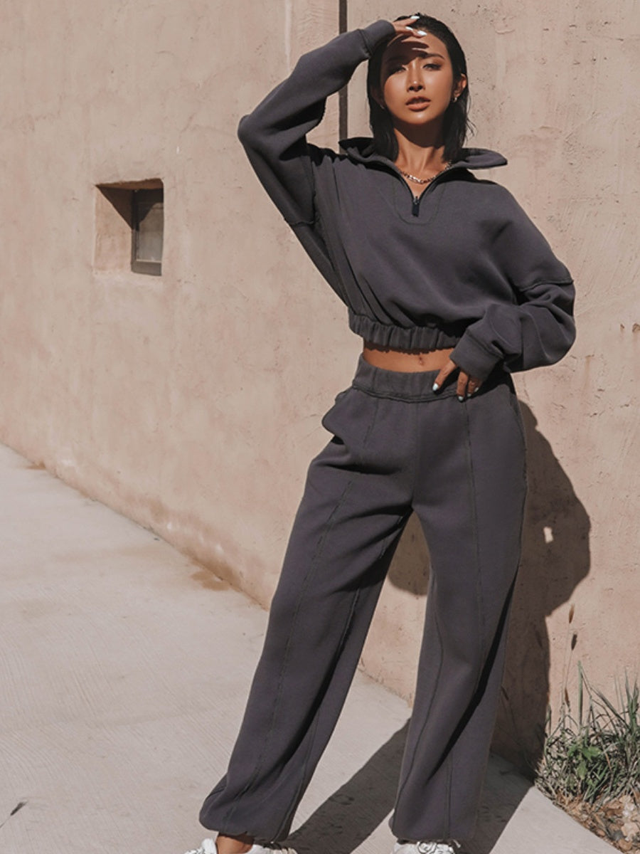 Liber Autumn women's solid color zipper pullover Long sleeve two piece sweatshirt