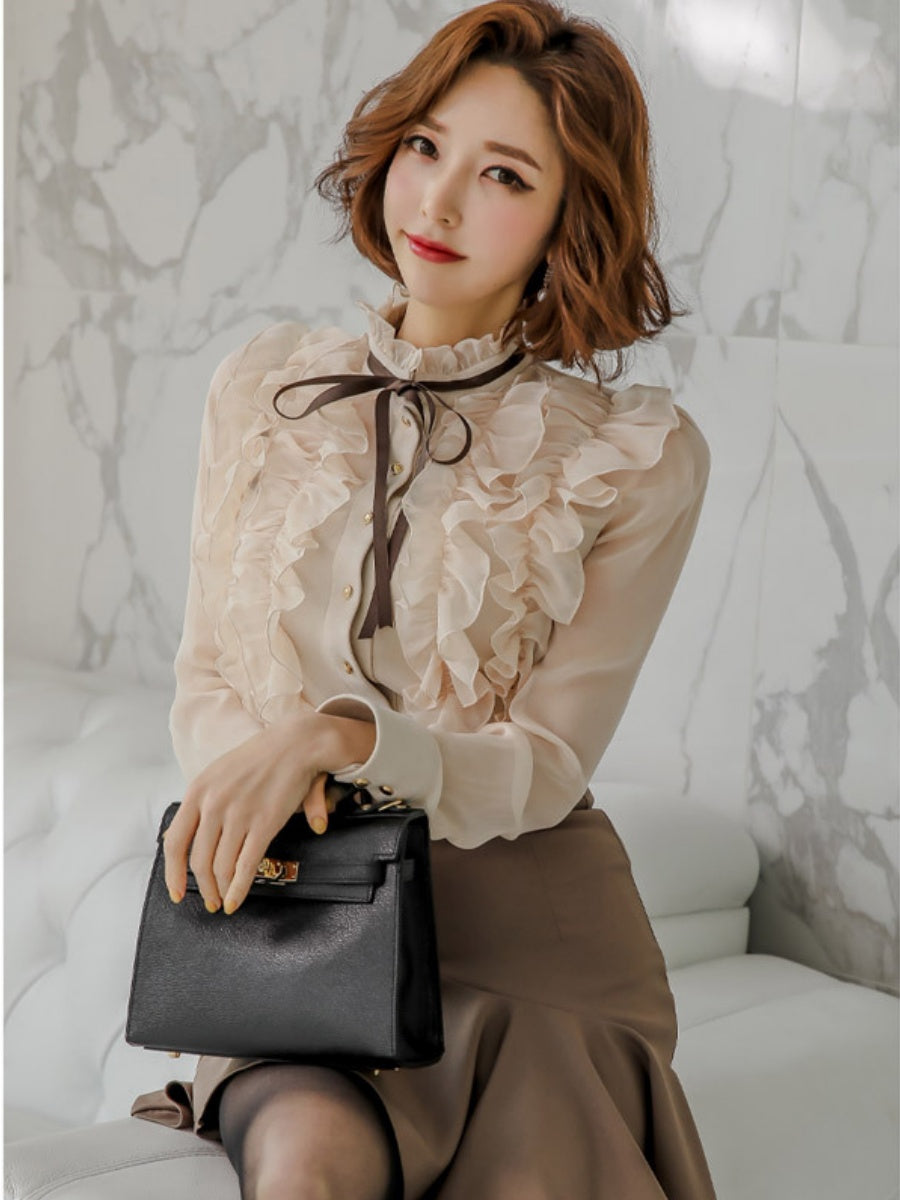 Elegant Two-piece Set: Stand-up Collar Sheer Blouse And Ruffled Skirt.