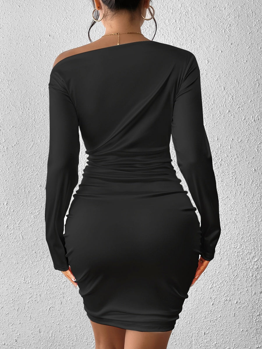 Long-sleeved, Ruched, Off-shoulder, Fitted, Bodycon Short Dress