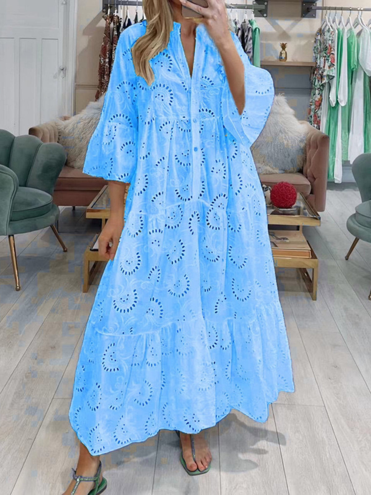 Lace Cutout V-neck Buttons Flare Sleeve Maxi Dresses