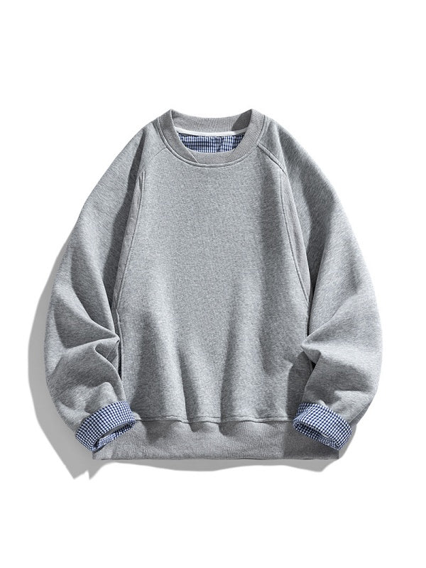 Plaid-Panel Clean-Fit Boxy Crew-Neck Sweatshirt