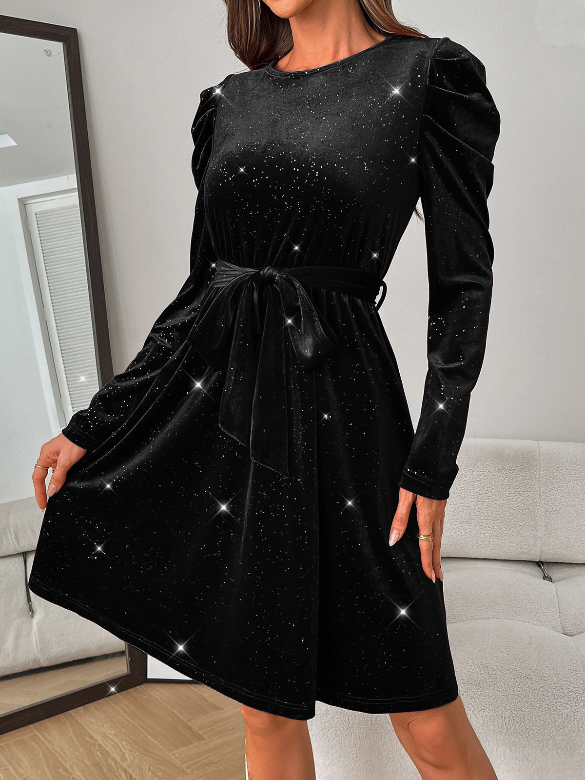 Black Glittery Round Neck Long-sleeved Velvet Mini Dress