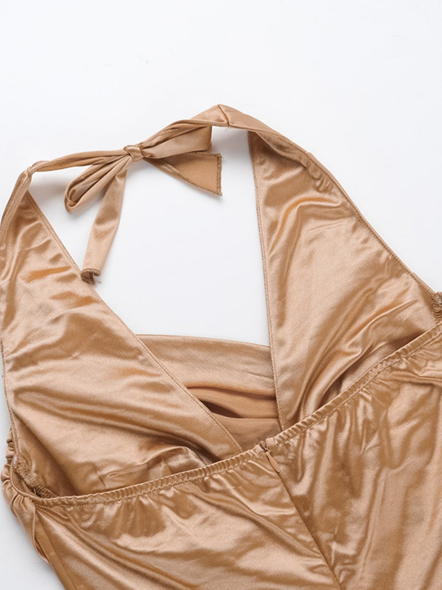 Halter Tie-Back Deep V-Neck Pleated High Slit Maxi Dress