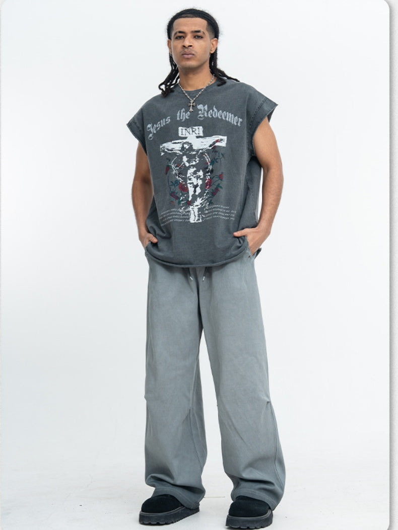 Washed Distressed God Printed Tank Tops