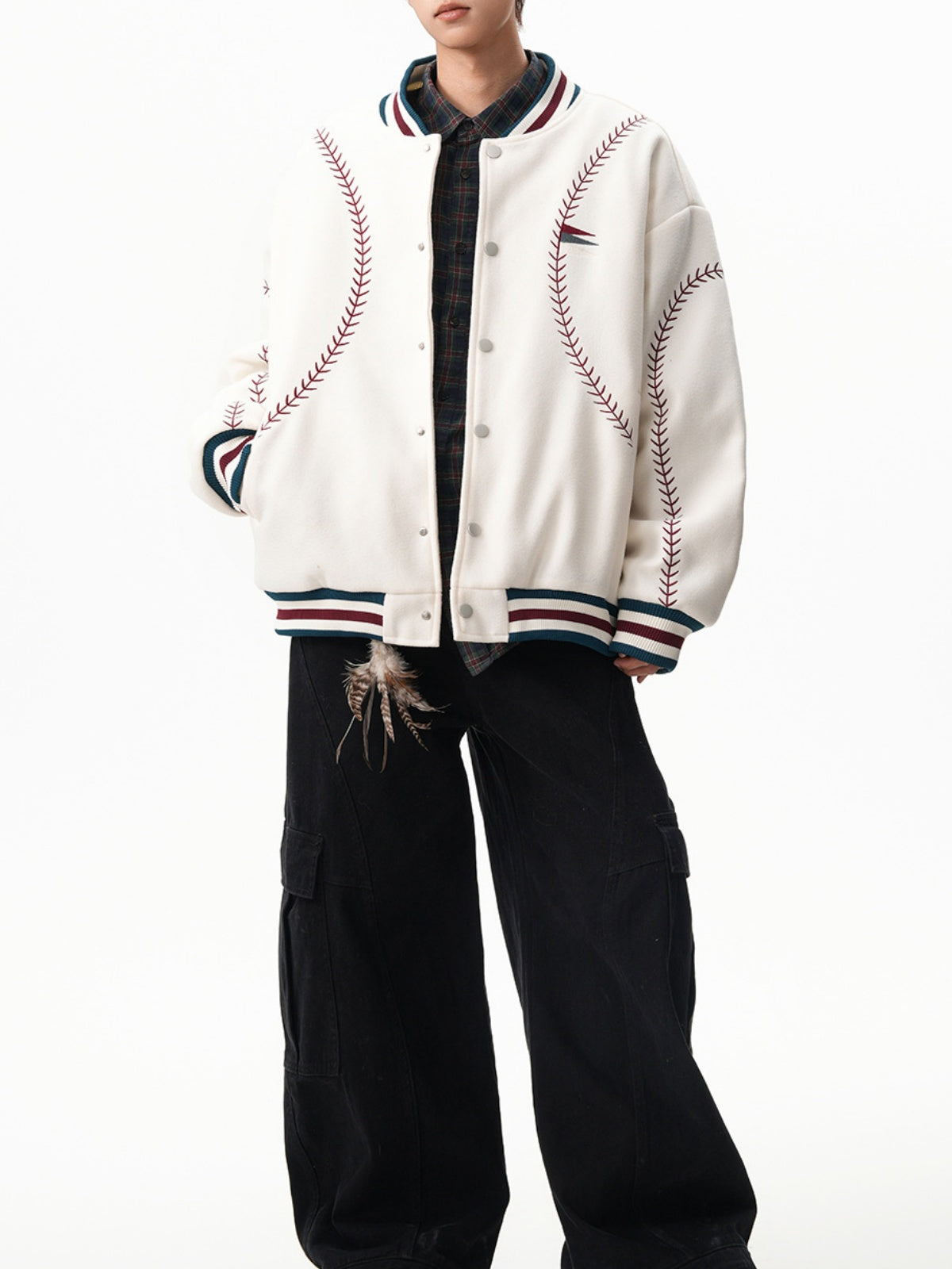Ethnic-Embroidered Wool-Blend Varsity Jacket