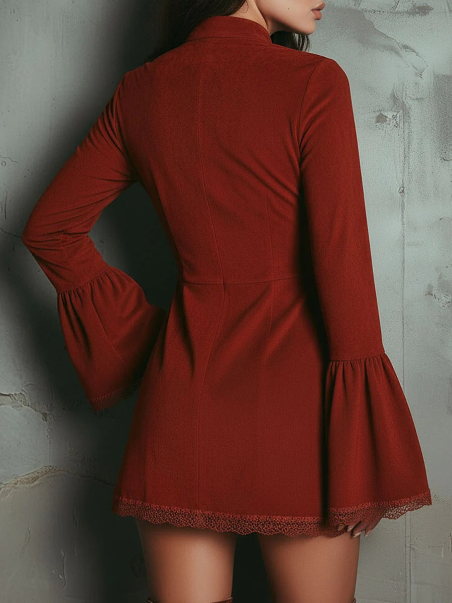 Long-sleeved Solid Color Patchwork Lace Short Dress