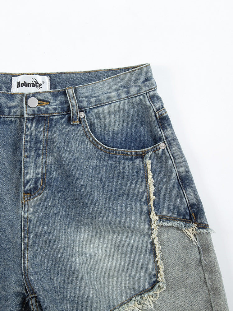 Five-pointed Star Patchwork Loose-fit Straight-fit Denim Mid-length Pants Shorts