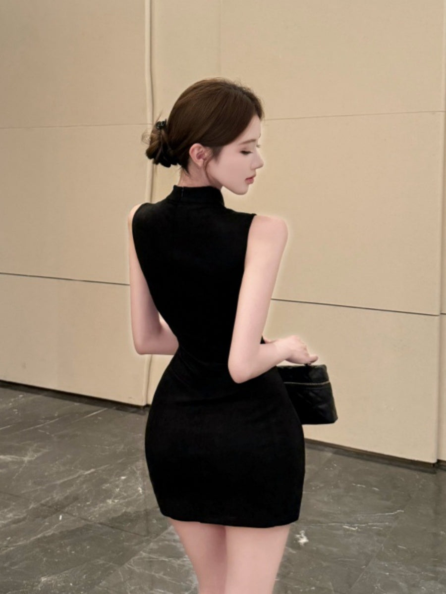 Stand-up Collar, Hollow-out, Slim-fit, Waist-cinching, Slit, Bodycon Short Dress