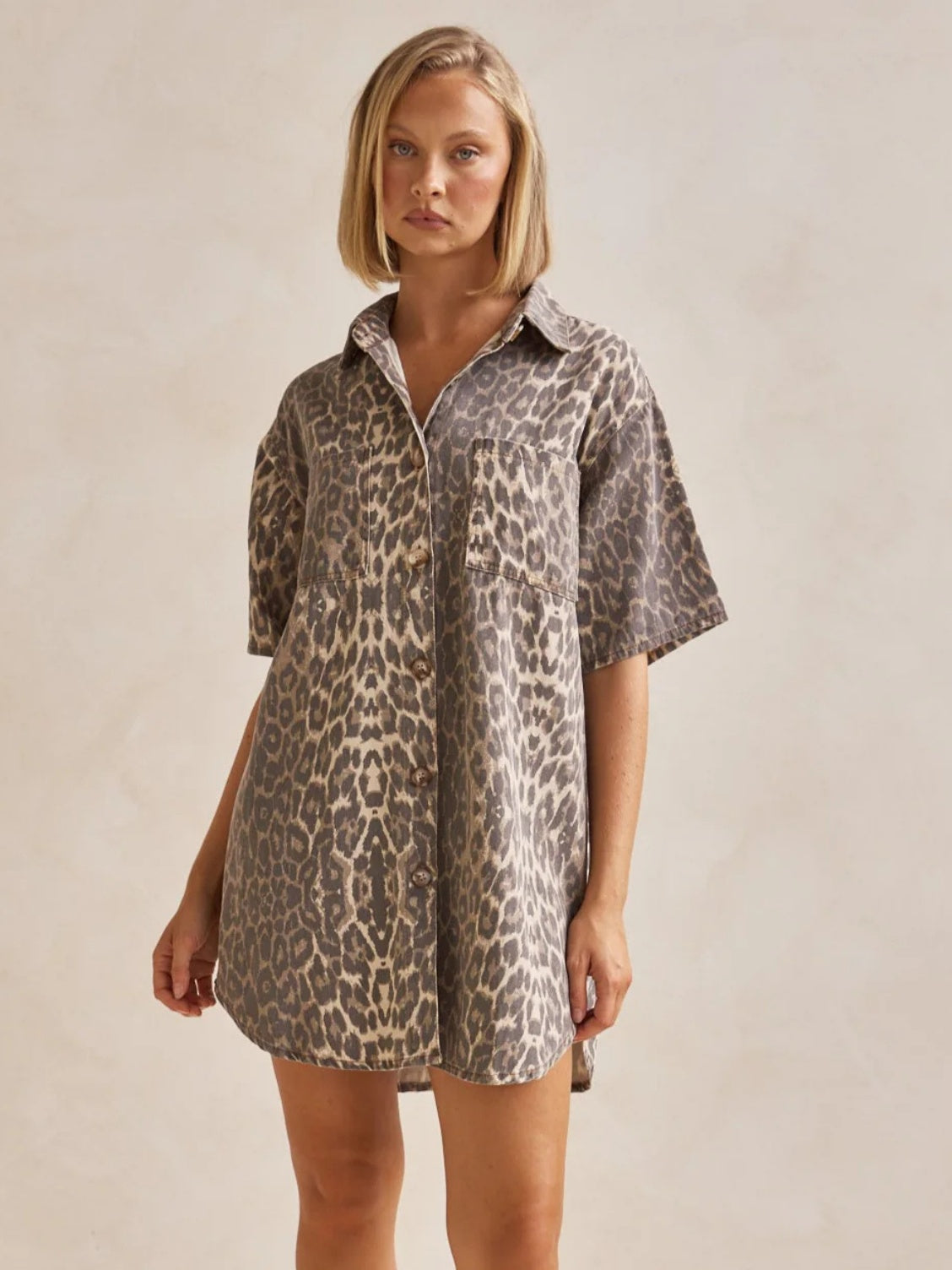 Leopard Print Lapel Retro Pocket Denim 2-piece Sets